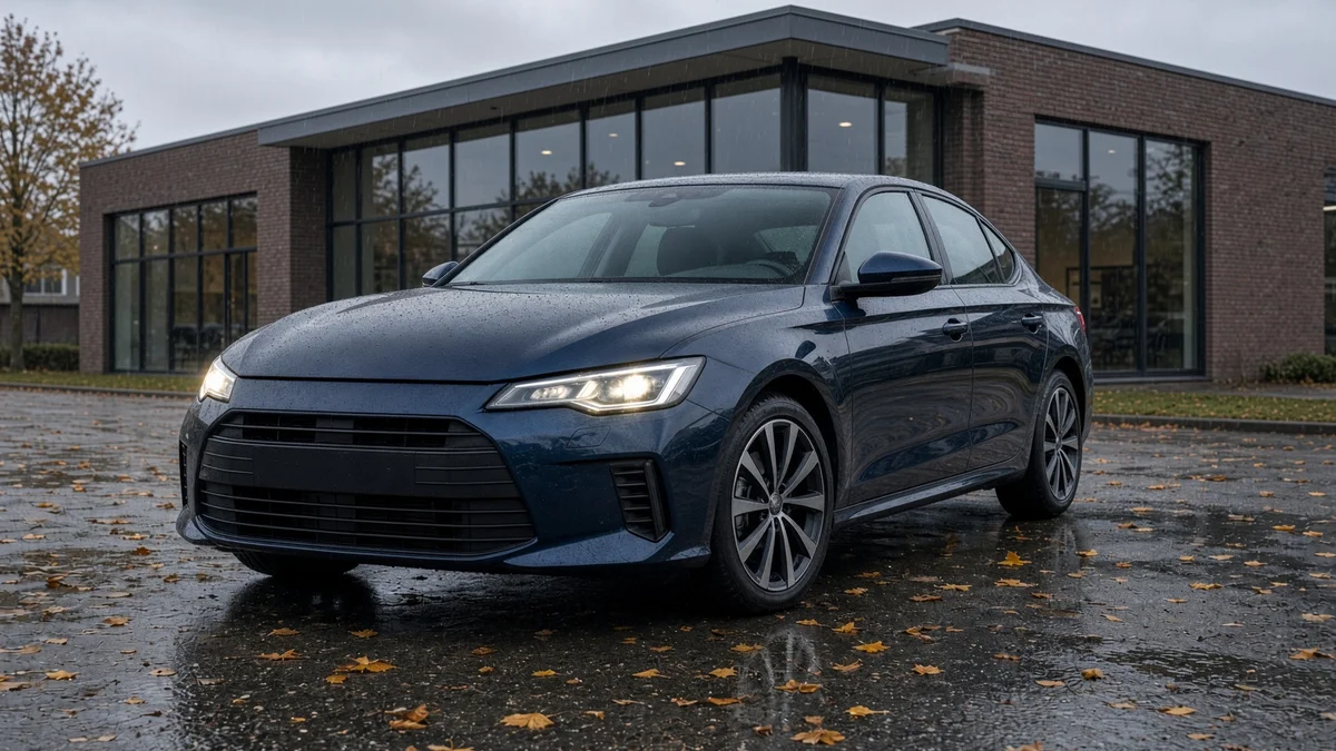 Donkerblauwe sedan met brandende koplampen op een nat parkeerterrein met herfstbladeren, bij regen voor een bakstenen gebouw