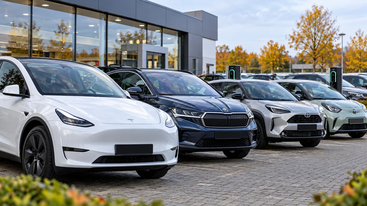 Witte Tesla Model Y, een donkerblauwe Skoda, een Toyota Yaris Cross en een Toyota Aygo X naast elkaar bij een autoshowroom met laadpalen